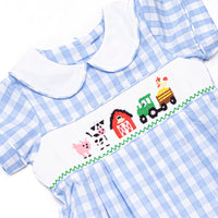Fun at the Farm Smocked Romper, Blue Check