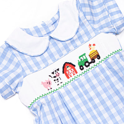 Fun at the Farm Smocked Romper, Blue Check