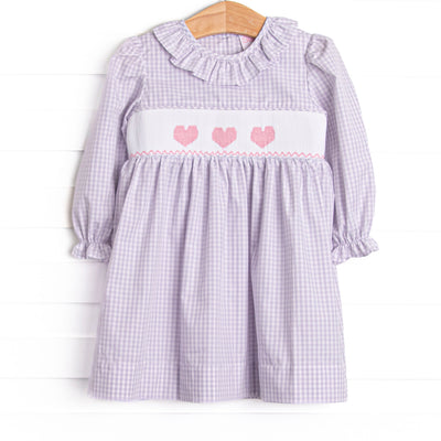 Be Mine Smocked Ruffle Neck Dress, Purple Gingham