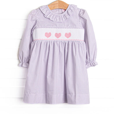 Be Mine Smocked Ruffle Neck Dress, Purple Gingham