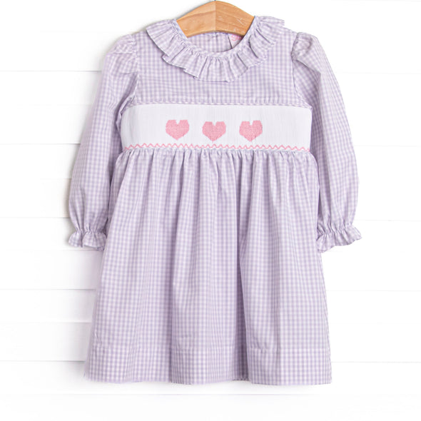 Be Mine Smocked Ruffle Neck Dress, Purple Gingham