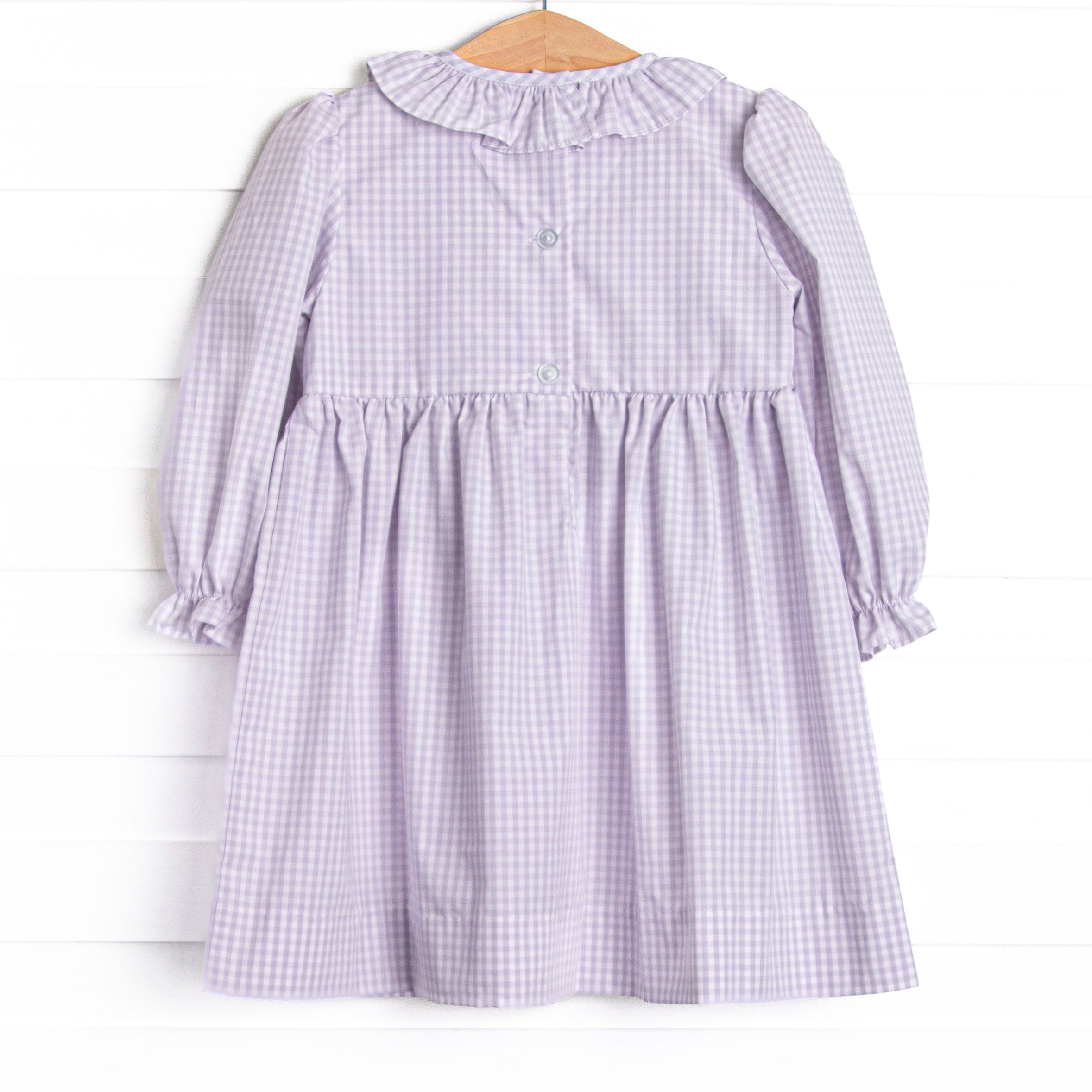 Girl's Be Mine Smocked Ruffle Neck Dress in Purple Gingham size 4T | Stitchy Fish Girl's Be Mine Smocked Ruffle Neck Dress in Purple Gingham size 4T | Stitchy Fish