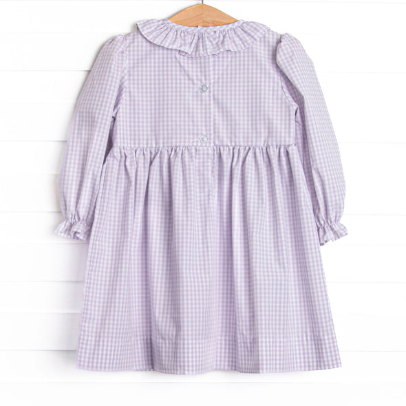 Be Mine Smocked Ruffle Neck Dress, Purple Gingham