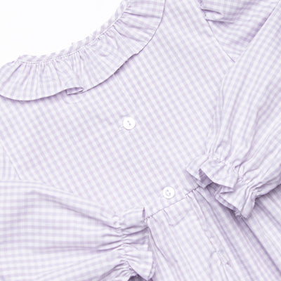 Be Mine Smocked Ruffle Neck Dress, Purple Gingham