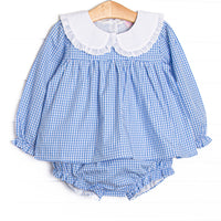 This set features blue gingham fabric, a white eyelet lace trimmed collar, and long sleeves. Coordinating ruffle diaper cover to match.