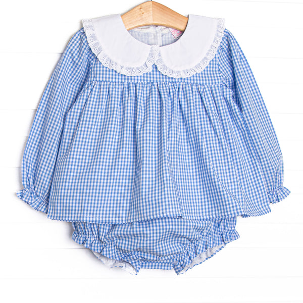 This set features blue gingham fabric, a white eyelet lace trimmed collar, and long sleeves. Coordinating ruffle diaper cover to match.