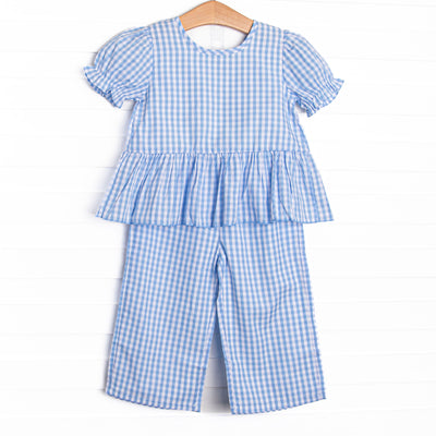  This set features a blue gingham fabric, a ruffle criss-cross back, and short puff sleeves. Coordinating pants to match. 