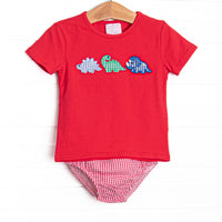 This set features a red top and dinosaur trio applique. Coordinating red gingham diaper cover to match.