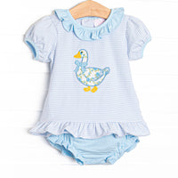  This set features a blue striped knit fabric, goose applique, and ruffle collar and trim. Coordinating ruffle diaper cover to match. 