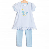 This set features a blue striped knit fabric, goose applique, and short puff sleeves. Coordinating blue leggings to match.