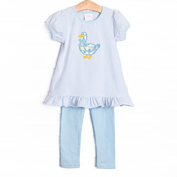 This set features a blue striped knit fabric, goose applique, and short puff sleeves. Coordinating blue leggings to match.