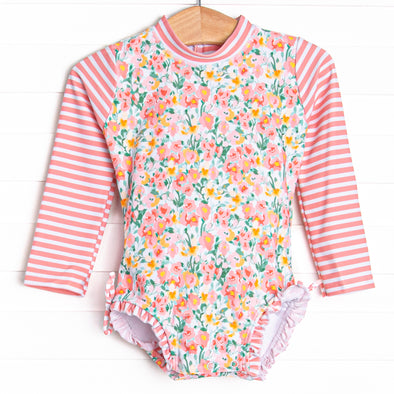 Wildflower Fields Long Sleeve One Piece Rash Guard, Pink