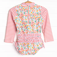 Wildflower Fields Long Sleeve One Piece Rash Guard, Pink