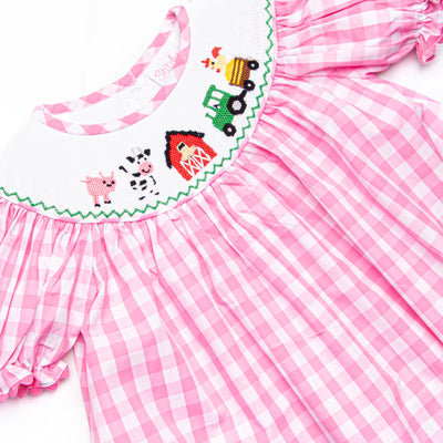 Fun at the Farm Smocked Bishop Dress, Pink Check