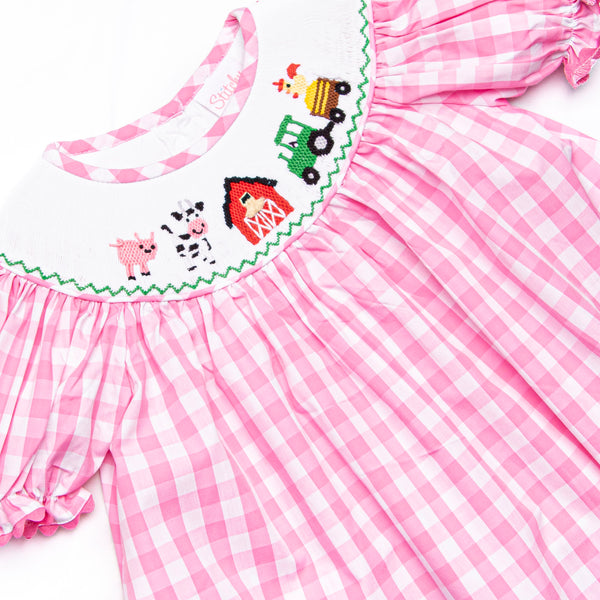 Fun at the Farm Smocked Bishop Dress, Pink Check