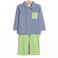 Levi Pant Set, Green and Navy Stripe
