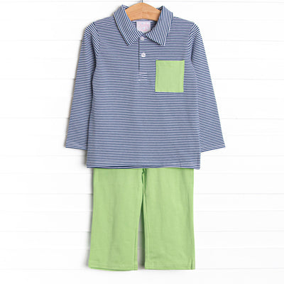 Levi Pant Set, Green and Navy Stripe