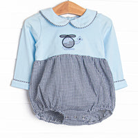  This bubble features blue fabric on the top, helicopter applique, navy gingham on the bottom, and a blue Peter Pan collar. 