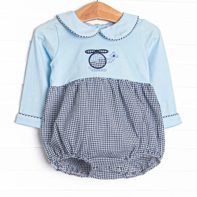  This bubble features blue fabric on the top, helicopter applique, navy gingham on the bottom, and a blue Peter Pan collar. 