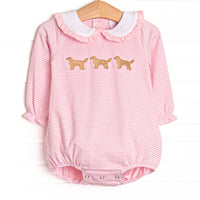 This bubble features pink stripe fabric, golden retriever trio embroidery, and a white Peter Pan collar with pink ruffle trim.