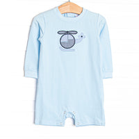 This romper features blue fabric, helicopter applique, and long sleeves.