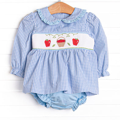 Outstanding Orchard Smocked Diaper Set, Blue Check