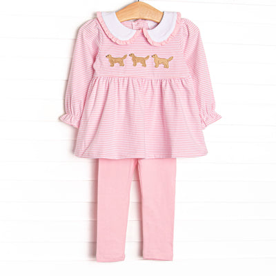 This set features pink stripe fabric, golden retriever trio embroidery, and a white Peter Pan collar with pink ruffle trim. Coordinating leggings to match.