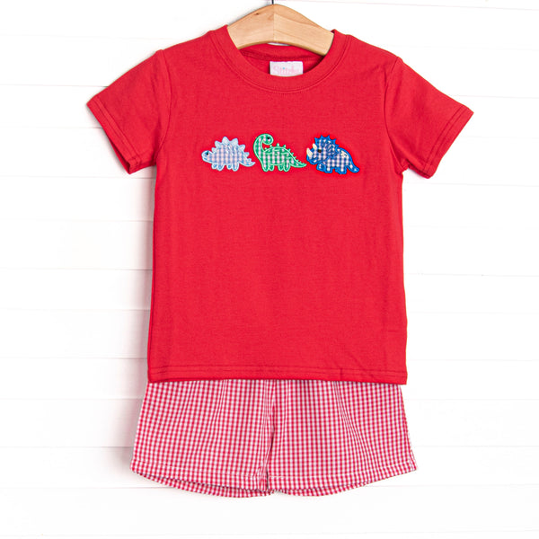 This set features a red top and dinosaur trio applique. Coordinating red gingham shorts to match.