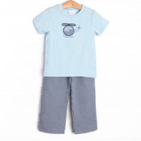  This set features a blue fabric top, helicopter applique, and short sleeves. Coordinating navy gingham pants to match. 