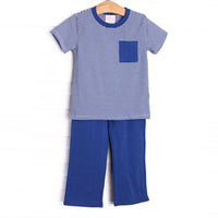  The set features royal blue striped knit material, a front pocket, and coordinating blue pants. 
