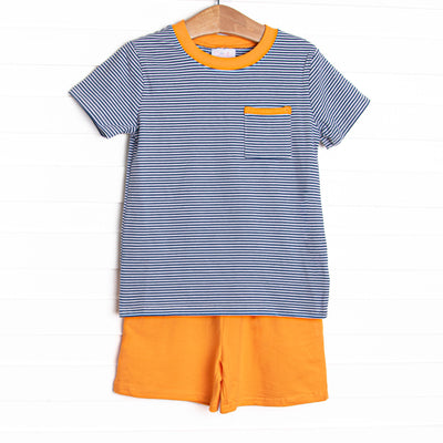 This cozy knit favorite is a staple for every little guy's closet featuring soft knit material, coordinating orange knit shorts, and navy blue stripes.