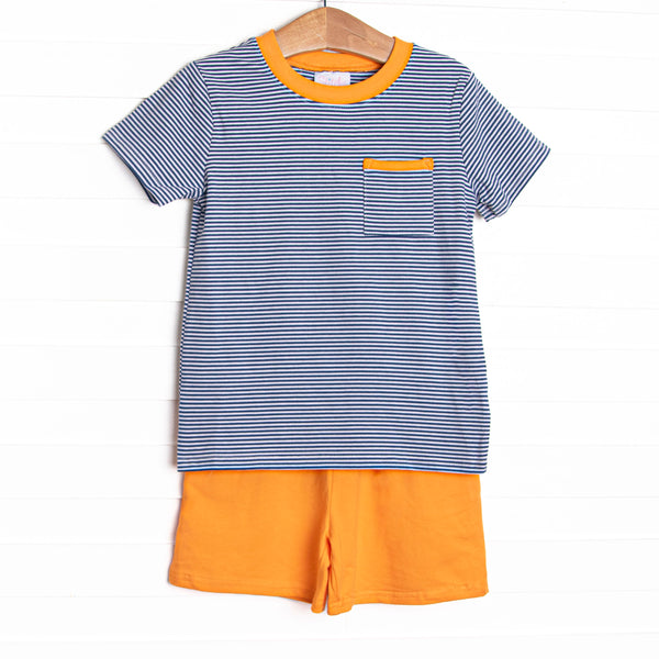 This cozy knit favorite is a staple for every little guy's closet featuring soft knit material, coordinating orange knit shorts, and navy blue stripes.