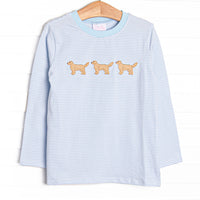  This top features blue stripe fabric, golden retriever trio embroidery, and blue neck trim. 
