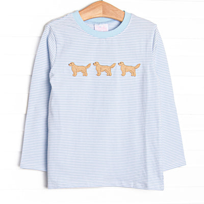  This top features blue stripe fabric, golden retriever trio embroidery, and blue neck trim. 