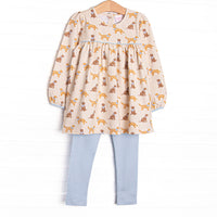 This yellow set features golden retriever printed fabric, blue piping and trim, and a button closed back. Coordinated blue leggings to match.