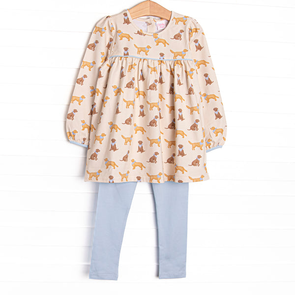 This yellow set features golden retriever printed fabric, blue piping and trim, and a button closed back. Coordinated blue leggings to match.