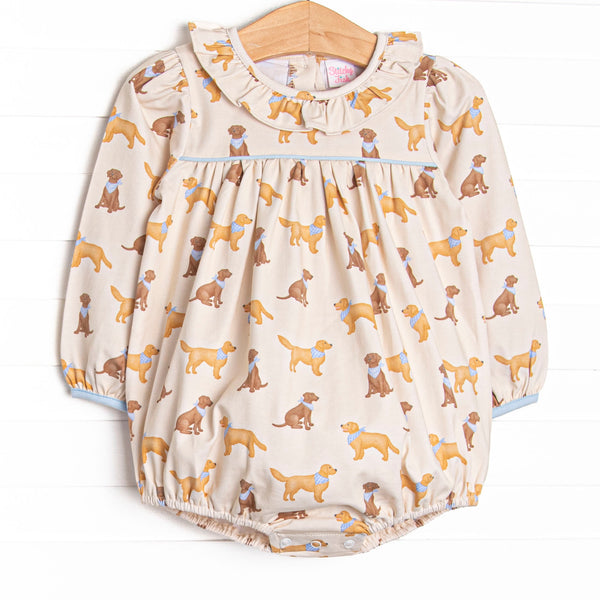  This yellow bubble features golden retriever printed fabric, a ruffle collar, and blue piping and trim. 