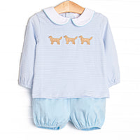 This set features blue stripe fabric, golden retriever trio embroidery, and a white Peter Pan collar with blue trim. Coordinating bloomer shorts to match.