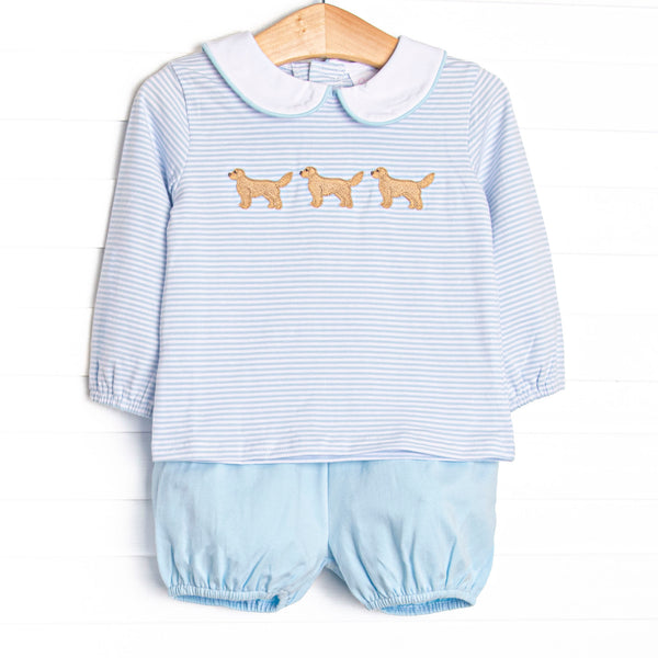 This set features blue stripe fabric, golden retriever trio embroidery, and a white Peter Pan collar with blue trim. Coordinating bloomer shorts to match.