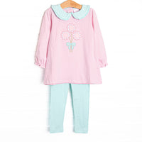  This set features pink striped fabric, floral applique, and a mint ruffle trimmed Peter Pan collar. Coordinating mint leggings to match. 