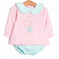 This set features pink striped fabric, floral applique, and a mint ruffle trimmed Peter Pan collar. Coordinating mint diaper cover to match.