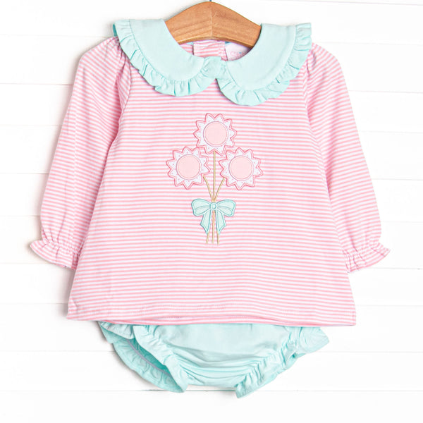 This set features pink striped fabric, floral applique, and a mint ruffle trimmed Peter Pan collar. Coordinating mint diaper cover to match.