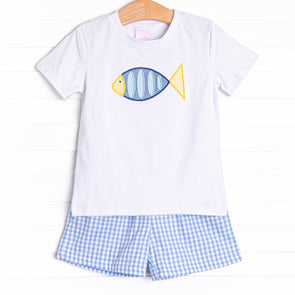 Fish Tails Applique Short Set, Blue