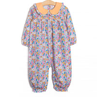  This romper features an orange floral print, an orange Peter Pan collar, and snaps along the stride to make changing a breeze. 