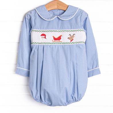 Christmas Eve Delivery Smocked Bubble, Blue Gingham