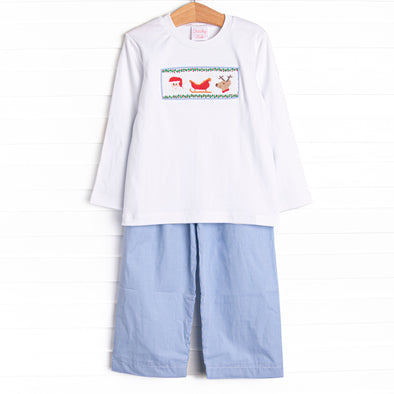 Christmas Eve Delivery Smocked Pant Set, Blue Gingham
