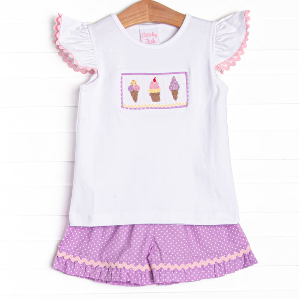 Springtime Scoops Smocked Ruffle Short Set, Purple