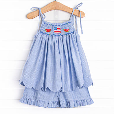 Bold and Brave BBQ Smocked Ruffle Short Set, Blue Stitchy Fish Bold and Brave BBQ Smocked Ruffle Short Set, Blue Stitchy Fish