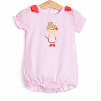  This bubble features a pink seersucker material, fairy applique, red shoulder bows, and short puff sleeves. 