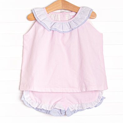 Seaside Seersucker Ruffle Short Set, Pink